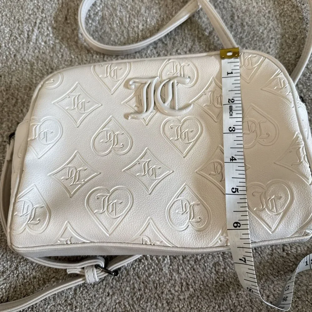 Juicy Couture Cream Embossed JC Monogram Zip Crossbody Bag Adjustable Strap